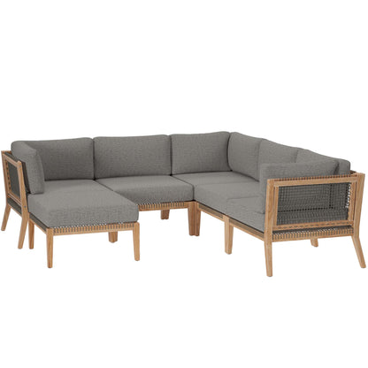 Clearwater 6-Piece Outdoor Teak Wood Sectional Sofa with grey cushions and wicker accents on Tampa Home & Garden Store