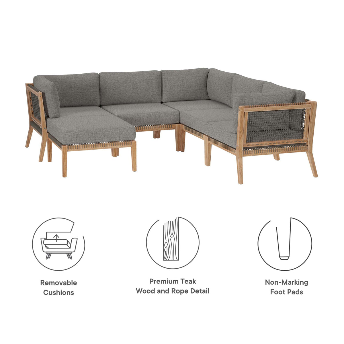 Clearwater 6-Piece teak wood sectional sofa with gray cushions by Modway on Tampa Home & Garden Store