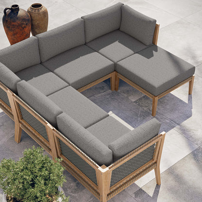 Clearwater 6-Piece Teak Wood Sectional Sofa with gray cushions and woven wicker frame on Tampa Home & Garden Store