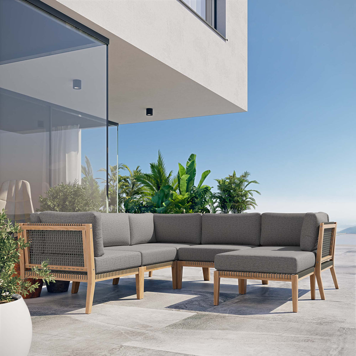 Clearwater 6-Piece Outdoor Teak Wood Sectional Sofa with grey cushions by HouseOfZazla on Tampa Home & Garden Store