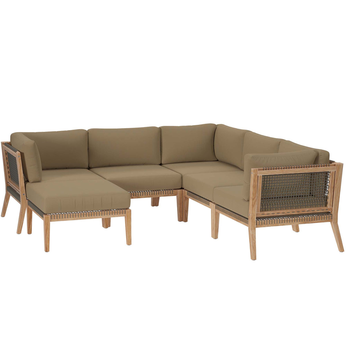 Clearwater 6-piece outdoor teak wood sectional sofa with tan cushions and woven rattan sides on Tampa Home & Garden Store