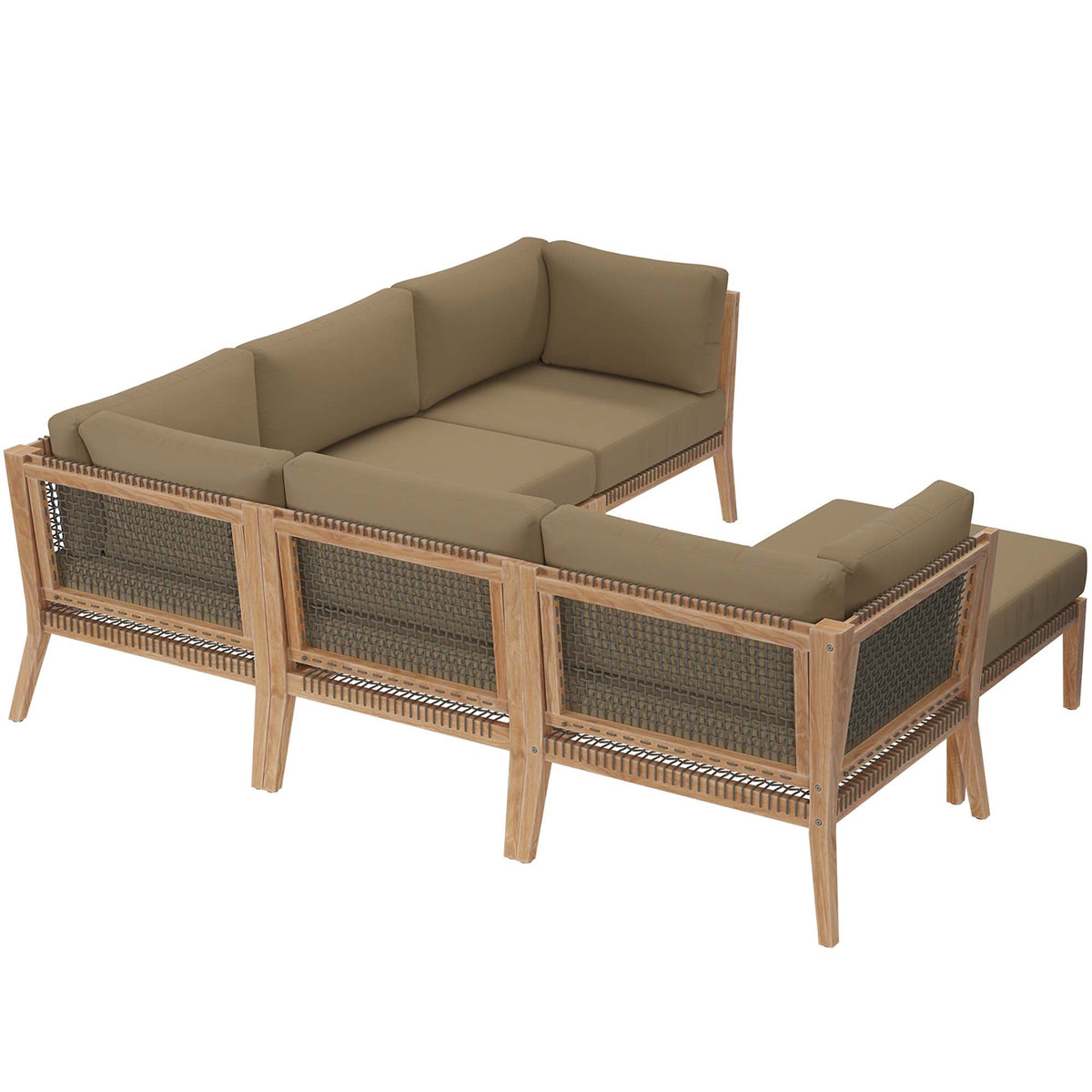 Clearwater 6-Piece outdoor teak wood sectional sofa with tan cushions on Tampa Home & Garden Store