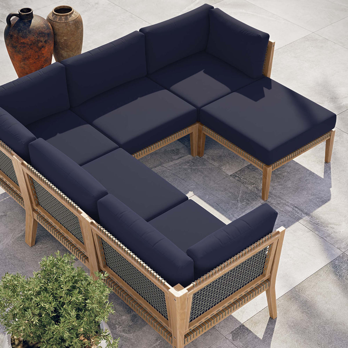 Clearwater 6-Piece Outdoor Teak Wood Sectional Sofa with navy cushions, modular seating on Tampa Home & Garden Store