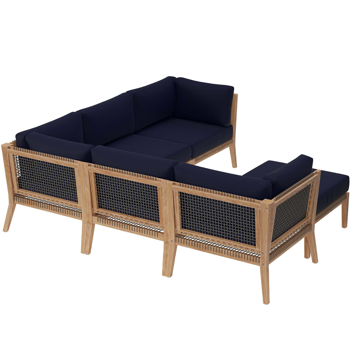 Clearwater 6-Piece outdoor teak wood sectional sofa with navy cushions and woven panel sides on Tampa Home & Garden Store