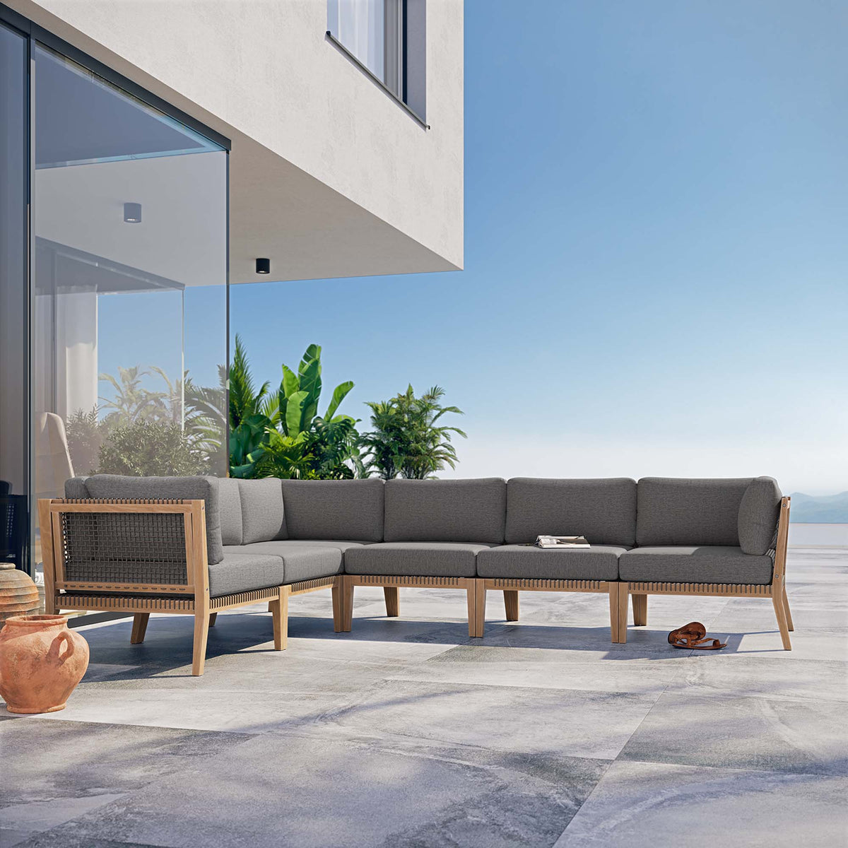 Clearwater 6-Piece Outdoor Patio Teak Wood Sectional Sofa with gray cushions on Tampa Home & Garden Store