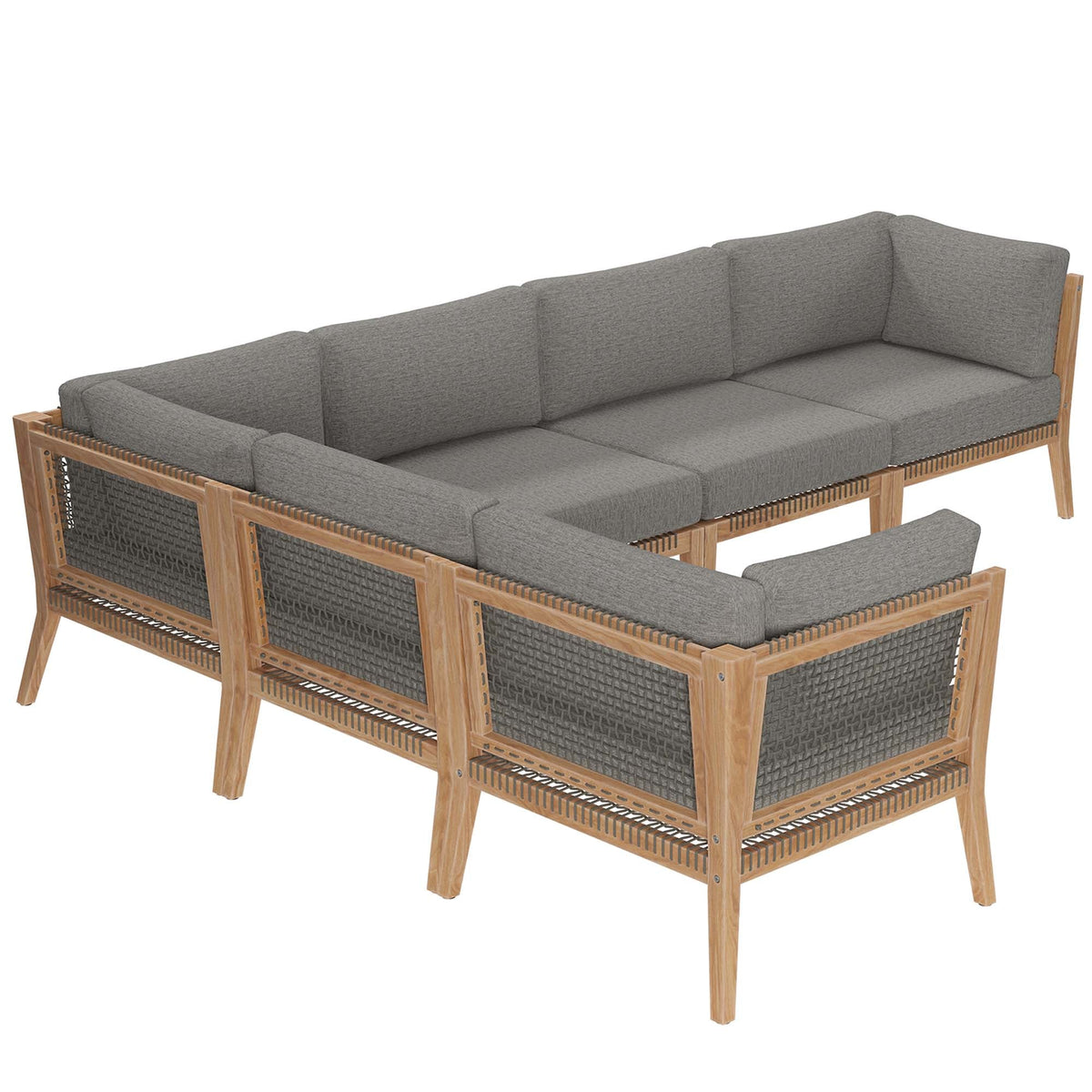 Clearwater 6-Piece outdoor teak wood sectional sofa with gray cushions and woven wicker panels on Tampa Home & Garden Store