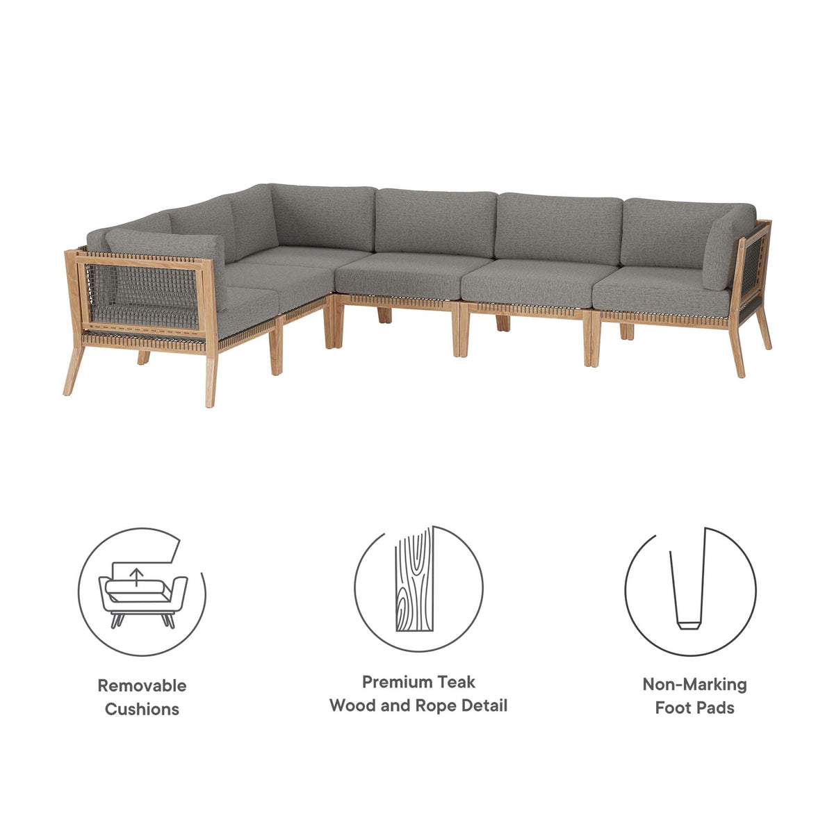Clearwater 6-Piece outdoor teak wood sectional sofa with gray cushions, woven panels on Tampa Home & Garden Store