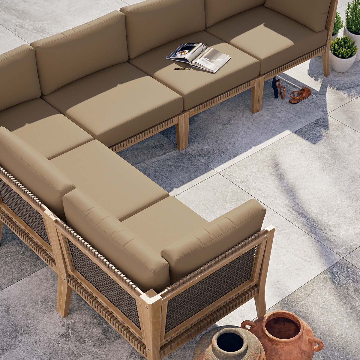 Clearwater 6-Piece Outdoor Teak Wood Sectional Sofa with tan cushions and woven wicker panels on Tampa Home & Garden Store