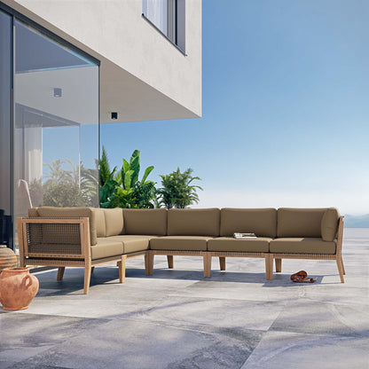 Clearwater 6-Piece Outdoor Teak Wood Sectional Sofa with tan cushions and woven accents on a modern patio on Tampa Home & Garden Store