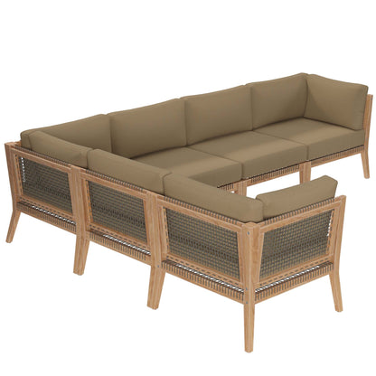 Clearwater 6-Piece Outdoor Teak Wood Sectional Sofa with olive cushions and woven panel sides on Tampa Home & Garden Store