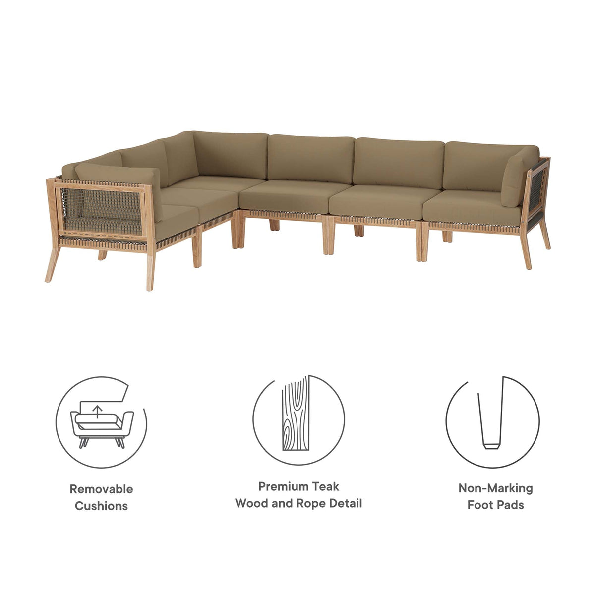 Clearwater 6-Piece Outdoor Teak Wood Sectional Sofa by Modway with tan cushions on Tampa Home & Garden Store