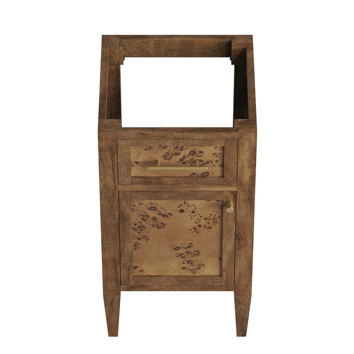 Elysian 18in brown wood bathroom vanity cabinet with burl drawer front and brass hardware on Tampa Home & Garden Store