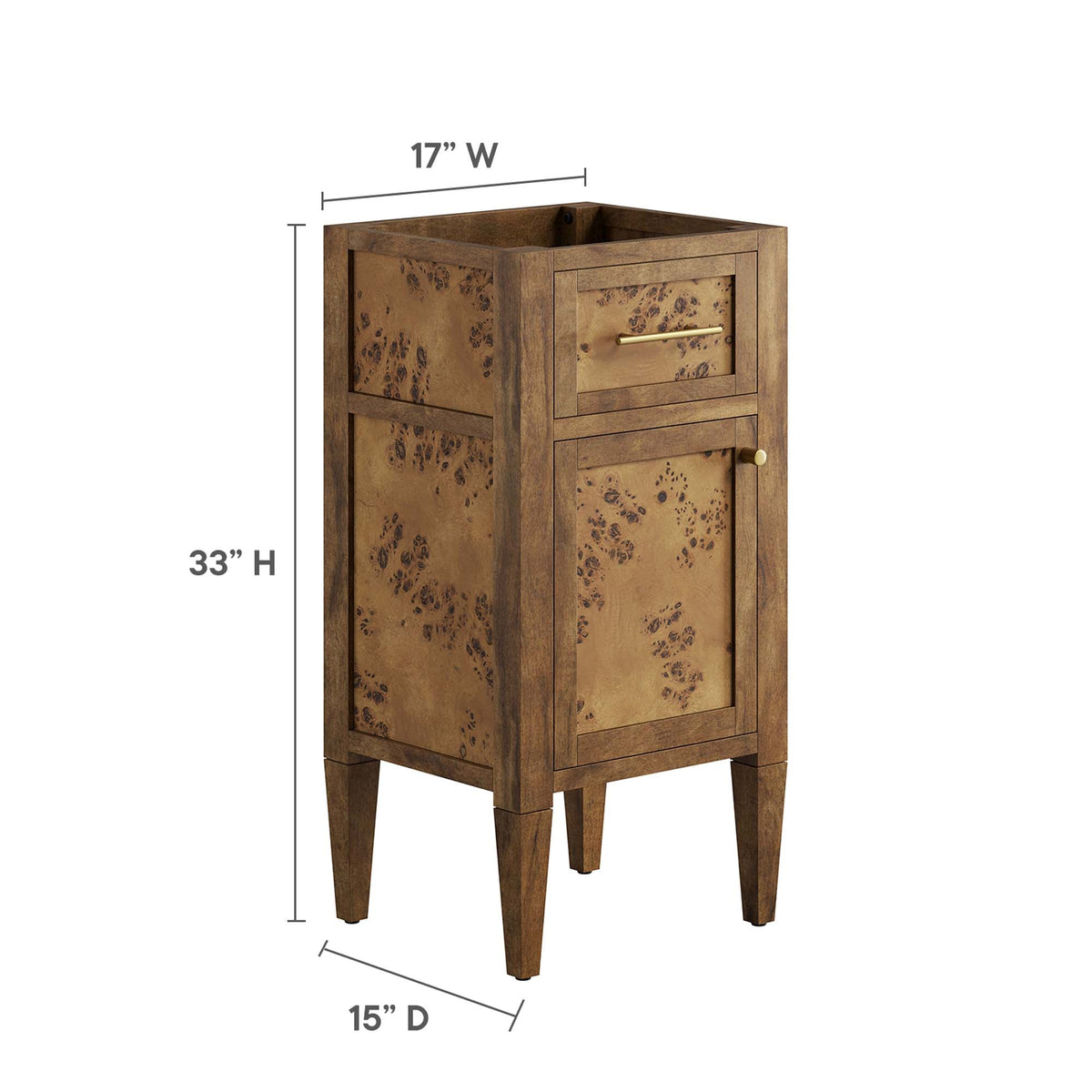 Elysian 18in wood bathroom vanity cabinet burl wood panels brass hardware by HouseOfZazla on Tampa Home & Garden Store