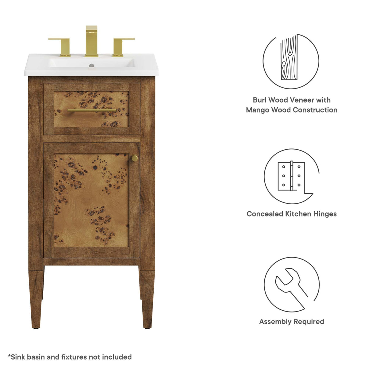 Elysian 18in bathroom vanity with white sink gold faucet burl veneer mango wood HouseOfZazla on Tampa Home & Garden Store