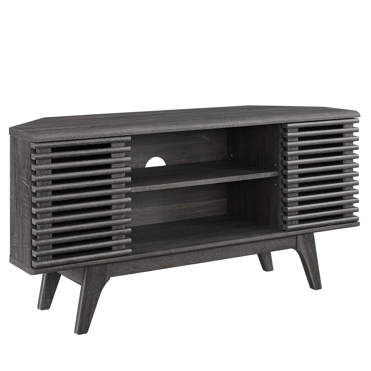 Render 46in corner TV stand in dark wood with slatted sides and open shelves on Tampa Home & Garden Store