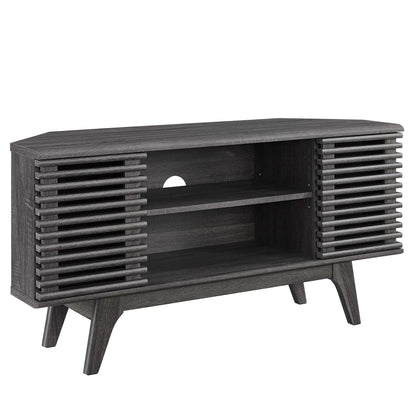 Render 46in corner TV stand in dark wood with slatted sides and open shelves on Tampa Home & Garden Store