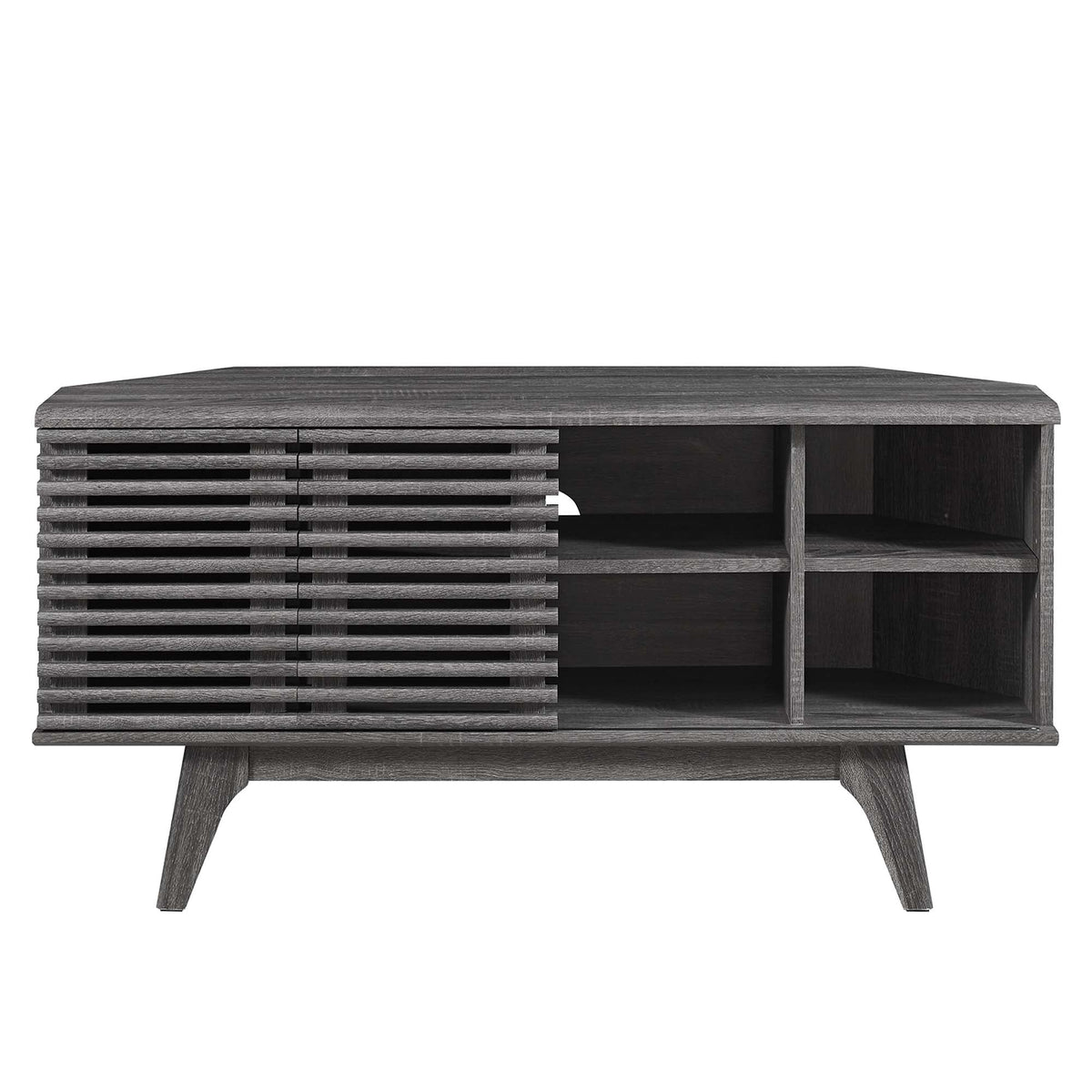 Render 46in corner TV stand Modway dark wood with slatted side panels and open shelves on Tampa Home & Garden Store