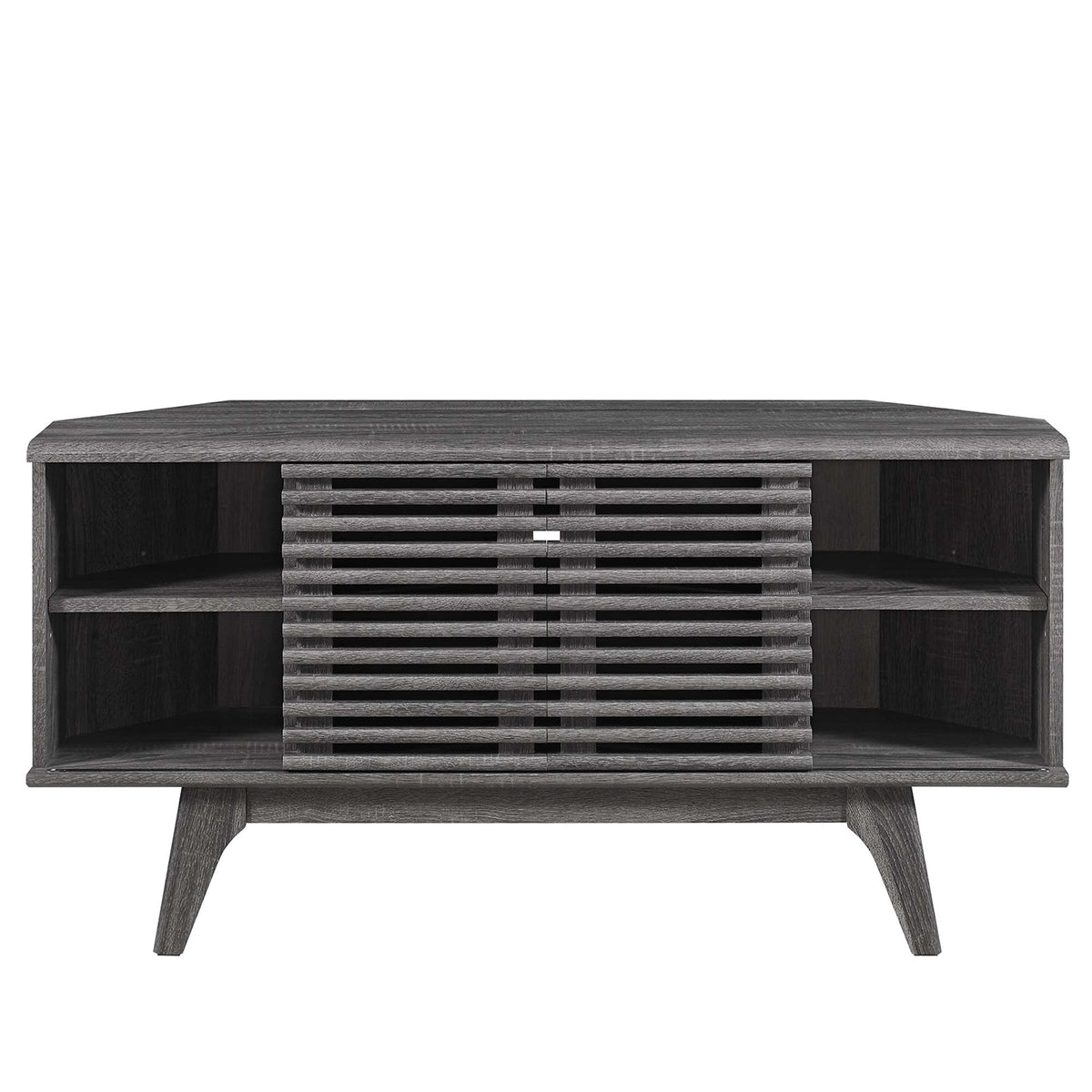 Render 46" Corner TV Stand by Modway in dark wood with slatted center shelves on Tampa Home & Garden Store