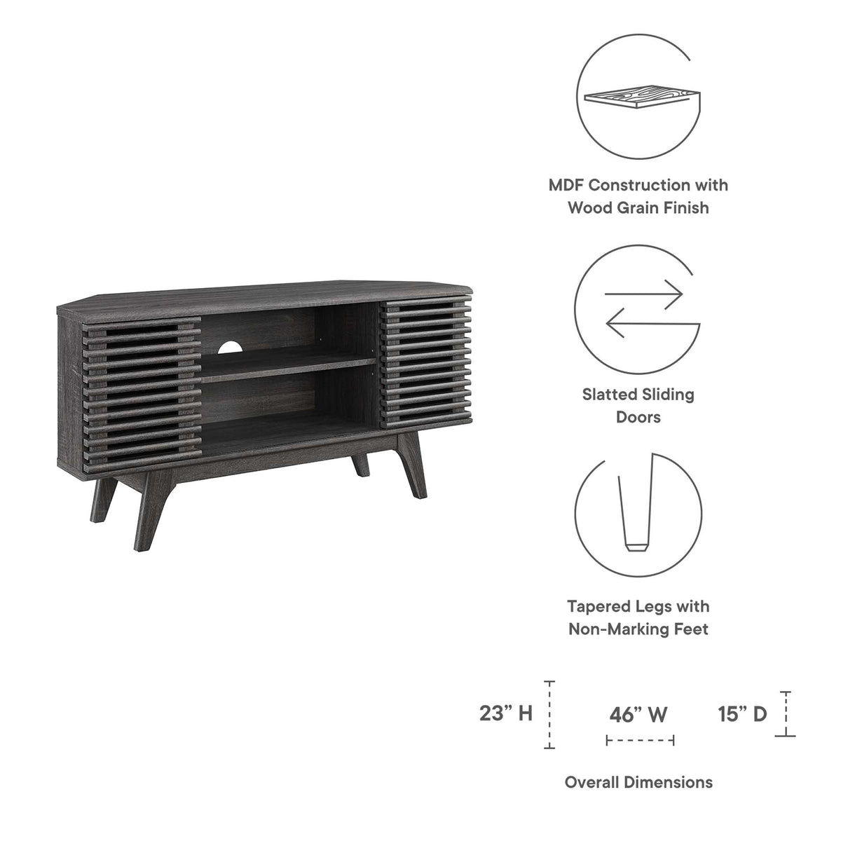 Render 46-inch Corner TV Stand by Modway in MDF wood grain with slatted sides on Tampa Home & Garden Store