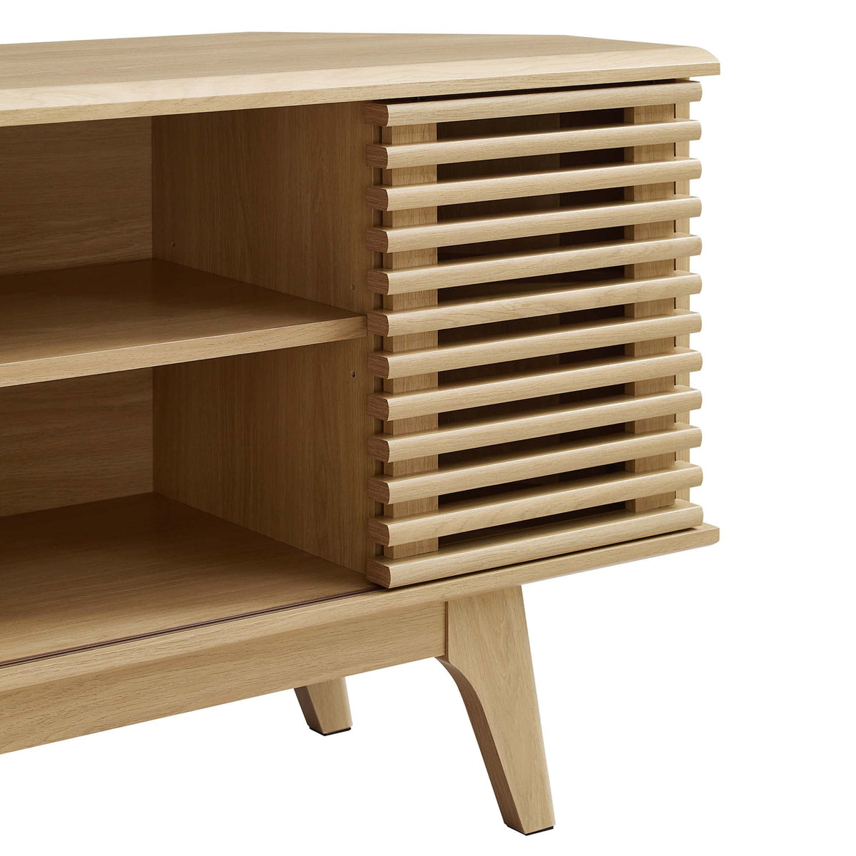 Render 46-inch Corner TV Stand by Modway in natural wood with slatted sides on Tampa Home & Garden Store