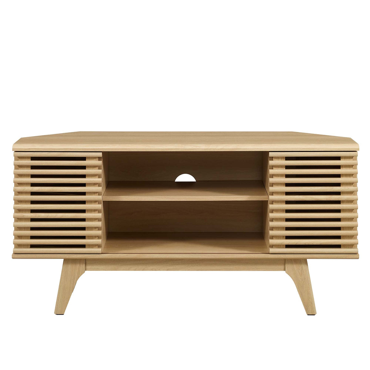 Render 46in Corner TV Stand by Modway in natural oak with slatted sides and center shelf on Tampa Home & Garden Store