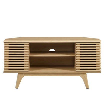 Render 46in Corner TV Stand by Modway in natural oak with slatted sides and center shelf on Tampa Home & Garden Store