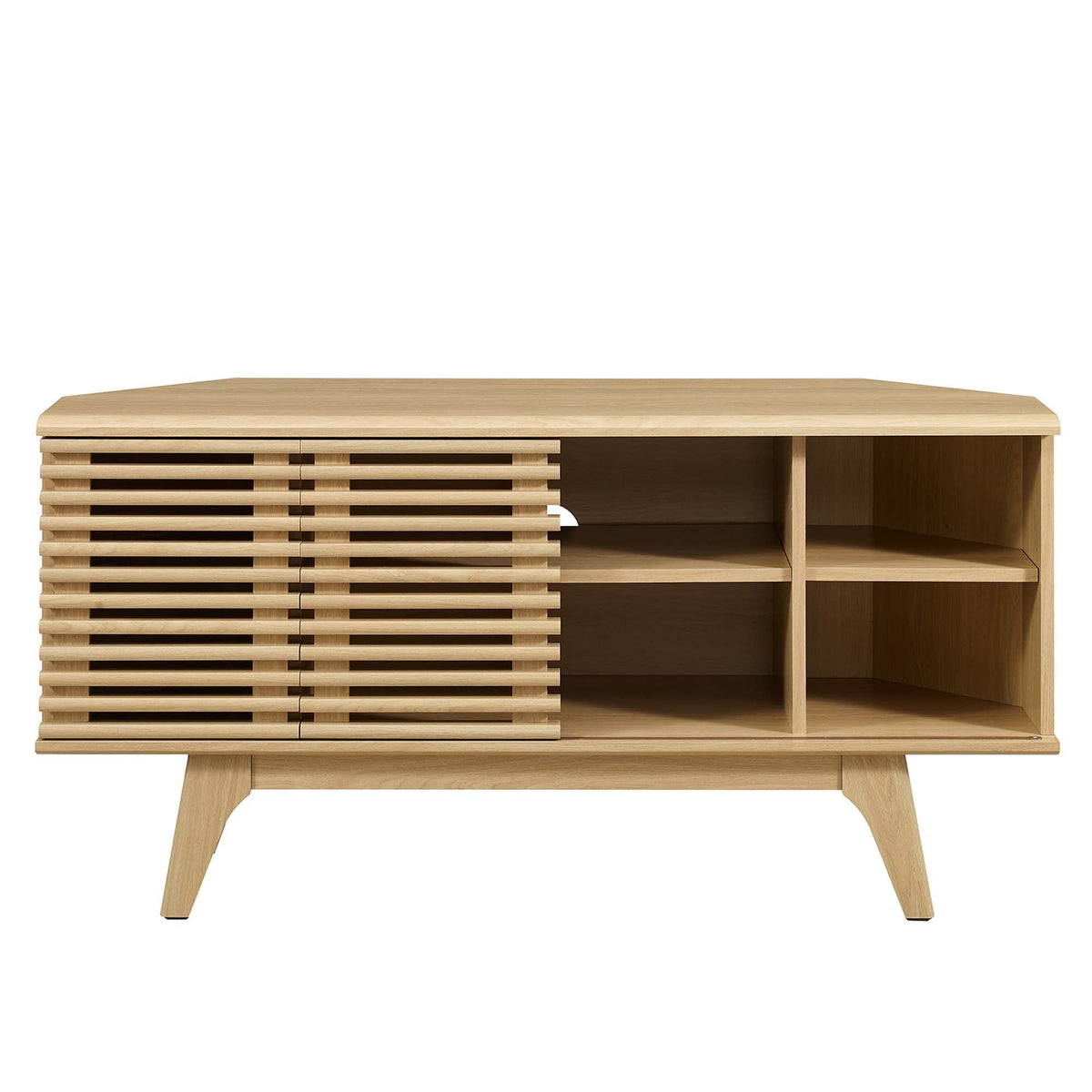 Render 46in Corner TV Stand by Modway, natural oak finish with slatted doors and open shelf on Tampa Home & Garden Store
