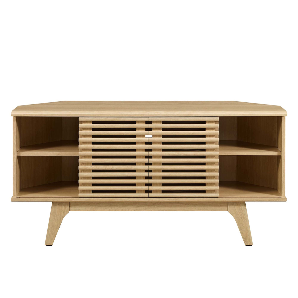 Render 46-inch Corner TV Stand in natural wood with slatted center panels by HouseOfZazla on Tampa Home & Garden Store