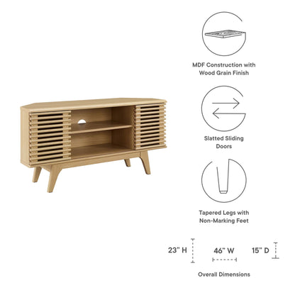 Render 46-inch Corner TV Stand by Modway in natural wood finish with slatted doors and shelves on Tampa Home & Garden Store