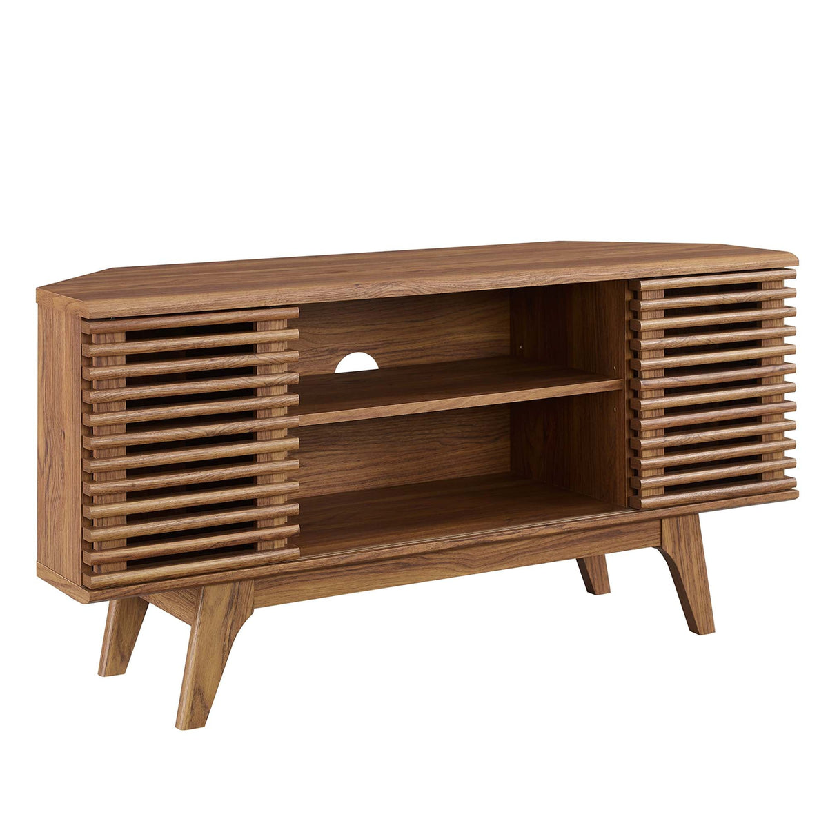 Render 46in Corner TV Stand by HouseOfZazla in warm wood with slatted sides on Tampa Home & Garden Store