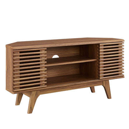 Render 46in Corner TV Stand by HouseOfZazla in warm wood with slatted sides on Tampa Home & Garden Store