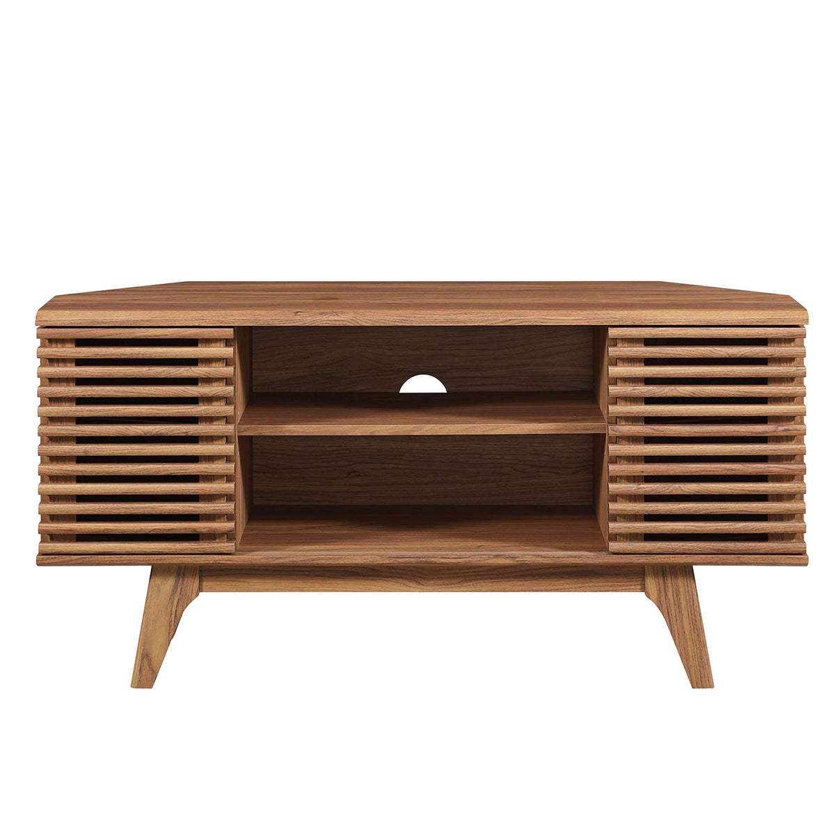 Render 46in Corner TV Stand by Modway in wood finish with slatted sides and open shelf on Tampa Home & Garden Store