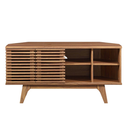 Render 46in corner TV stand in warm natural wood with slatted left cabinet and open right shelf on Tampa Home & Garden Store