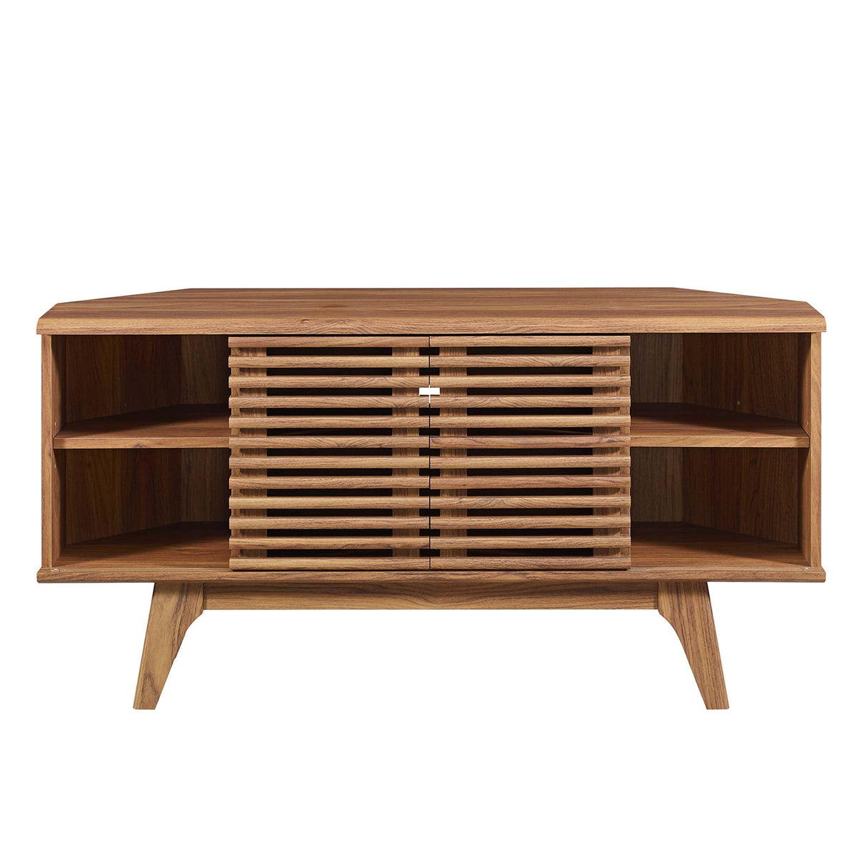 Render 46-inch Corner TV Stand by Modway in natural wood with slatted front panels on Tampa Home & Garden Store