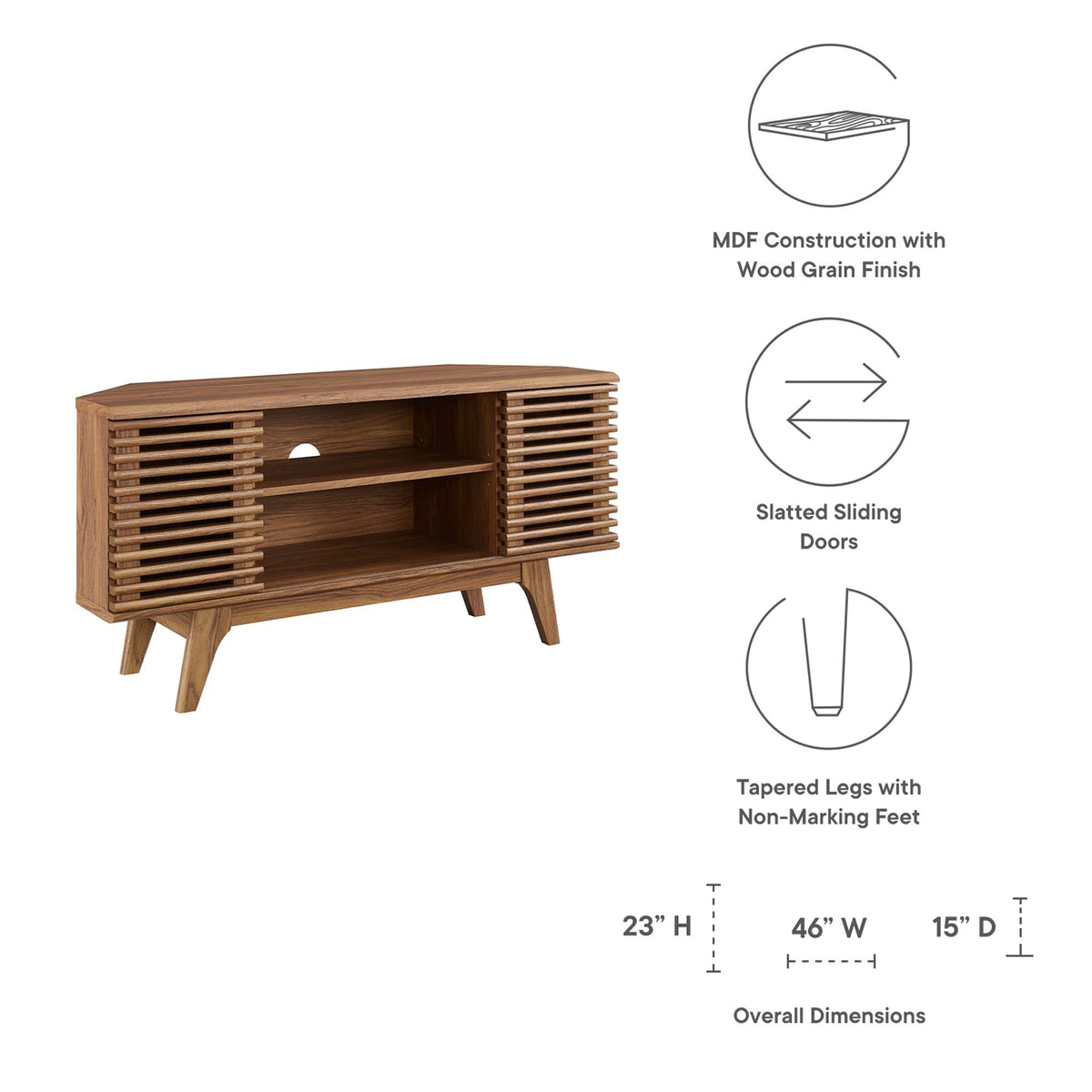 46-inch corner TV stand in wood grain MDF with slatted doors and tapered legs on Tampa Home & Garden Store