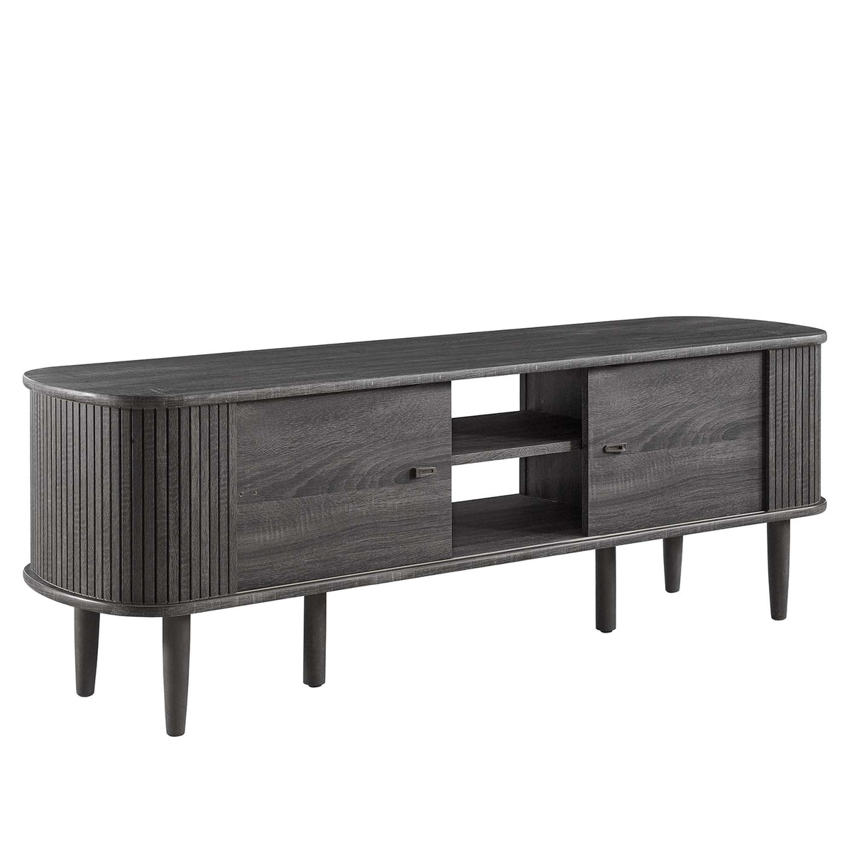 Contour 55in TV Stand dark wood with grooved panels, open shelves, two drawers by HouseOfZazla on Tampa Home & Garden Store
