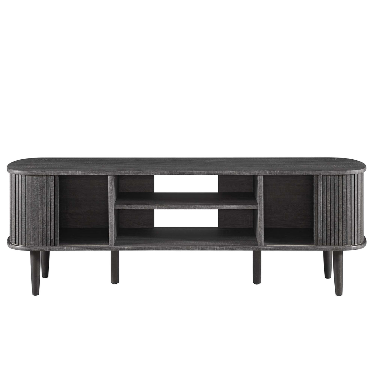 Contour 55in TV Stand in dark charcoal wood with slatted sides and open shelves on Tampa Home & Garden Store