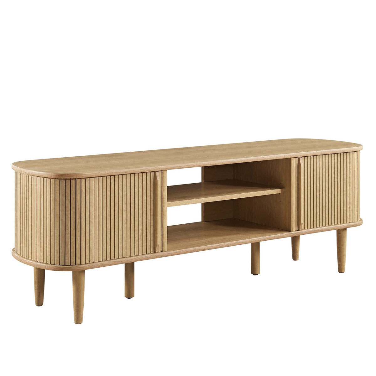 Contour 55in TV Stand by Modway in light wood with vertical slats and open shelves on Tampa Home & Garden Store