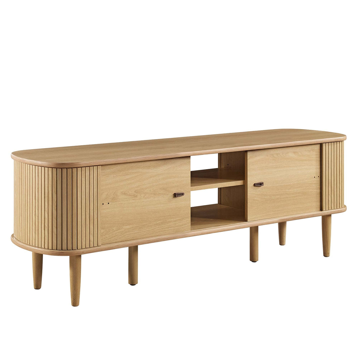 Contour 55-inch TV stand in light oak with rounded ends and two drawers on an open shelf on Tampa Home & Garden Store