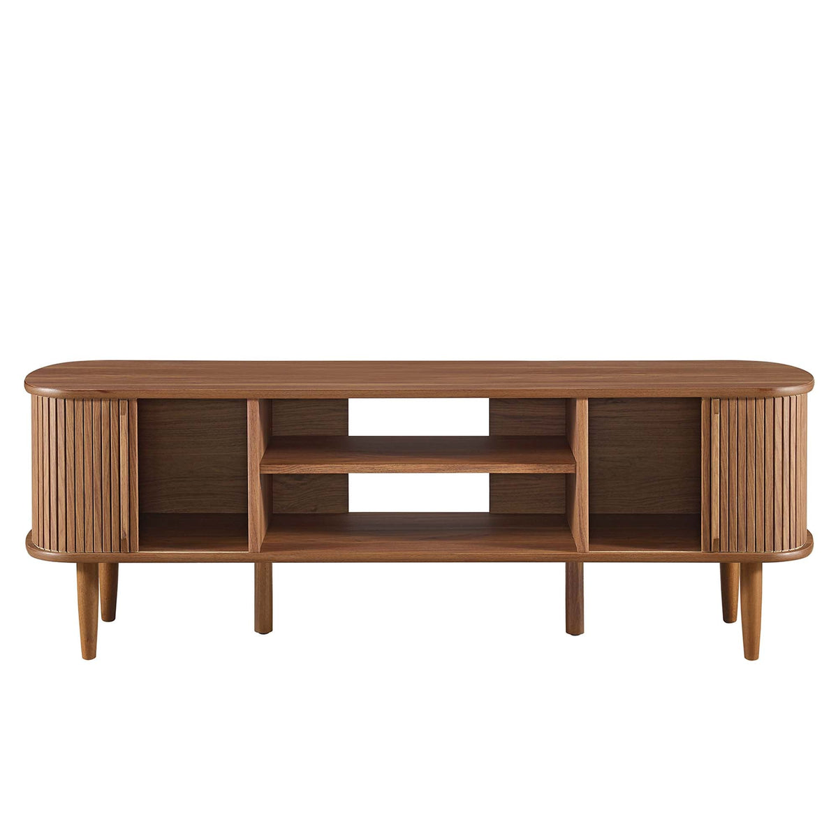 Contour 55-inch TV stand in warm wood with curved edges and open center shelves on Tampa Home & Garden Store
