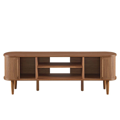 Contour 55-inch TV stand in warm wood with curved edges and open center shelves on Tampa Home & Garden Store