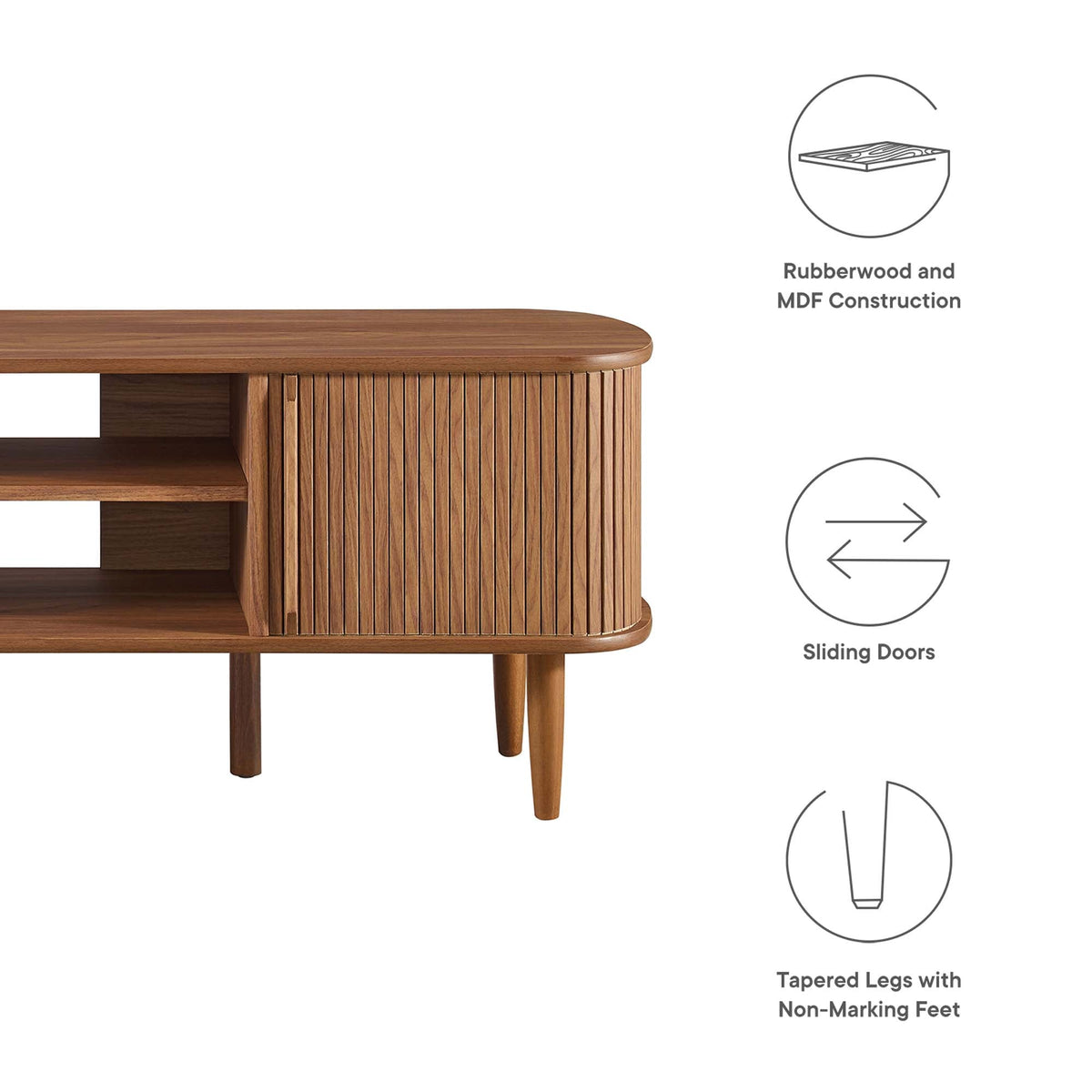 Contour 55in TV Stand in warm walnut with rounded edge and slatted wood panels by HouseOfZazla on Tampa Home & Garden Store