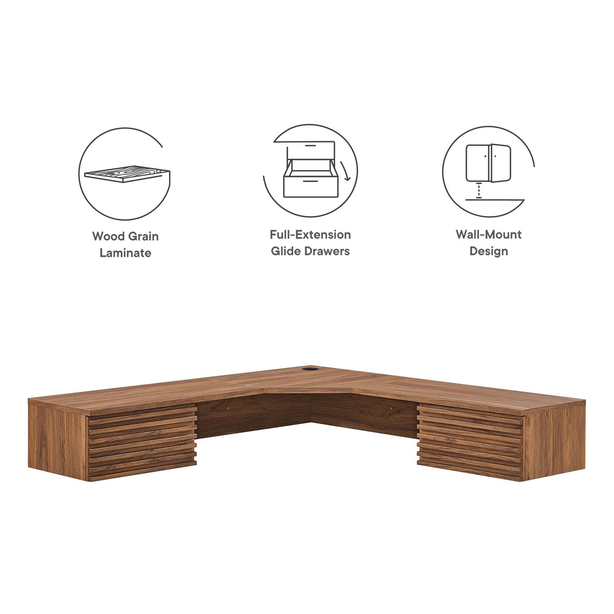 Render Wall Mount Corner Office Desk in wood grain laminate with slatted pedestals on Tampa Home & Garden Store