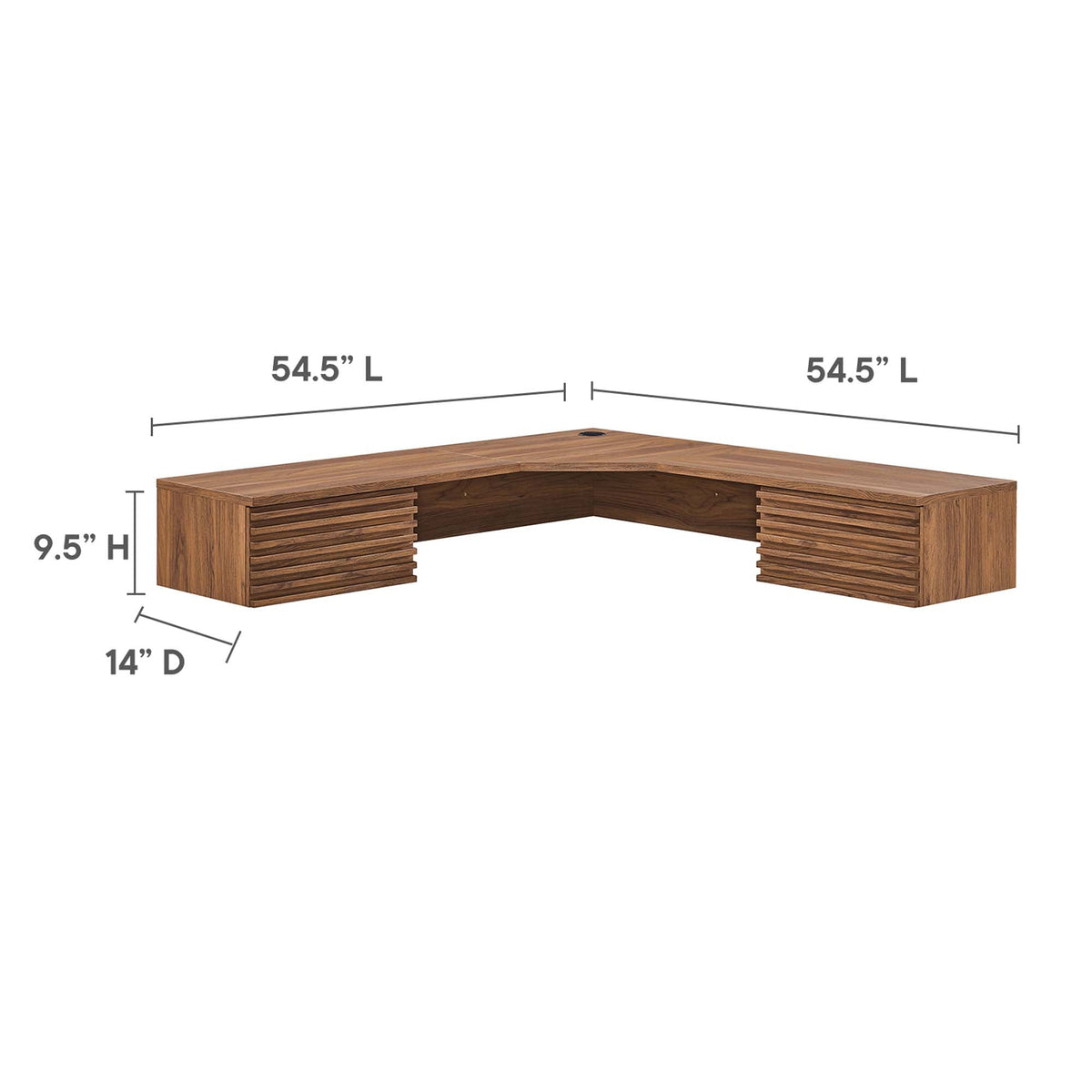 Render Wall Mount Corner Office Desk in warm wood finish with two slatted pedestal blocks on Tampa Home & Garden Store