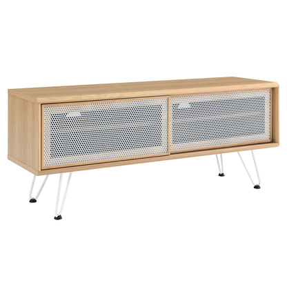 Nomad TV Stand by Modway, light oak wood with perforated metal panels and hairpin legs on Tampa Home & Garden Store