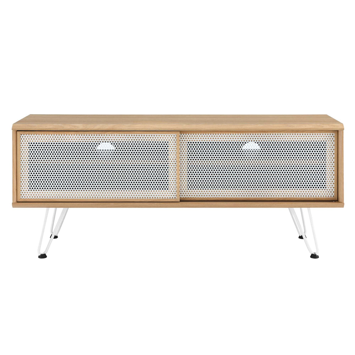 Nomad TV Stand natural wood frame with white perforated metal fronts and slim legs on Tampa Home & Garden Store