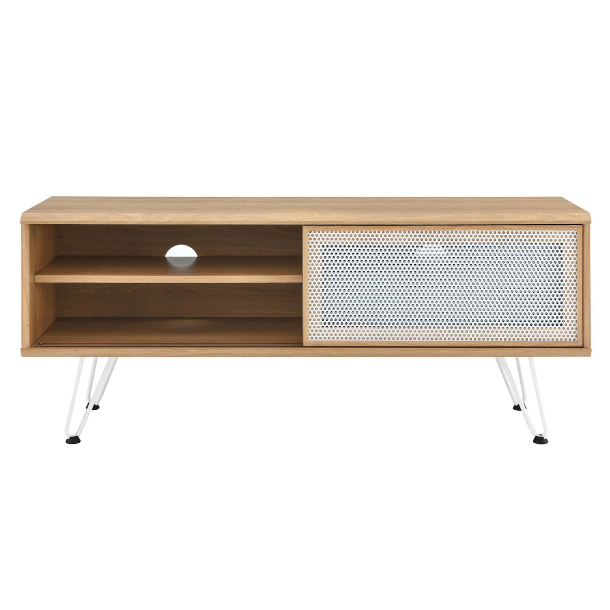 Nomad TV Stand by Modway, oak finish wood with white perforated metal panel and open shelf on Tampa Home & Garden Store