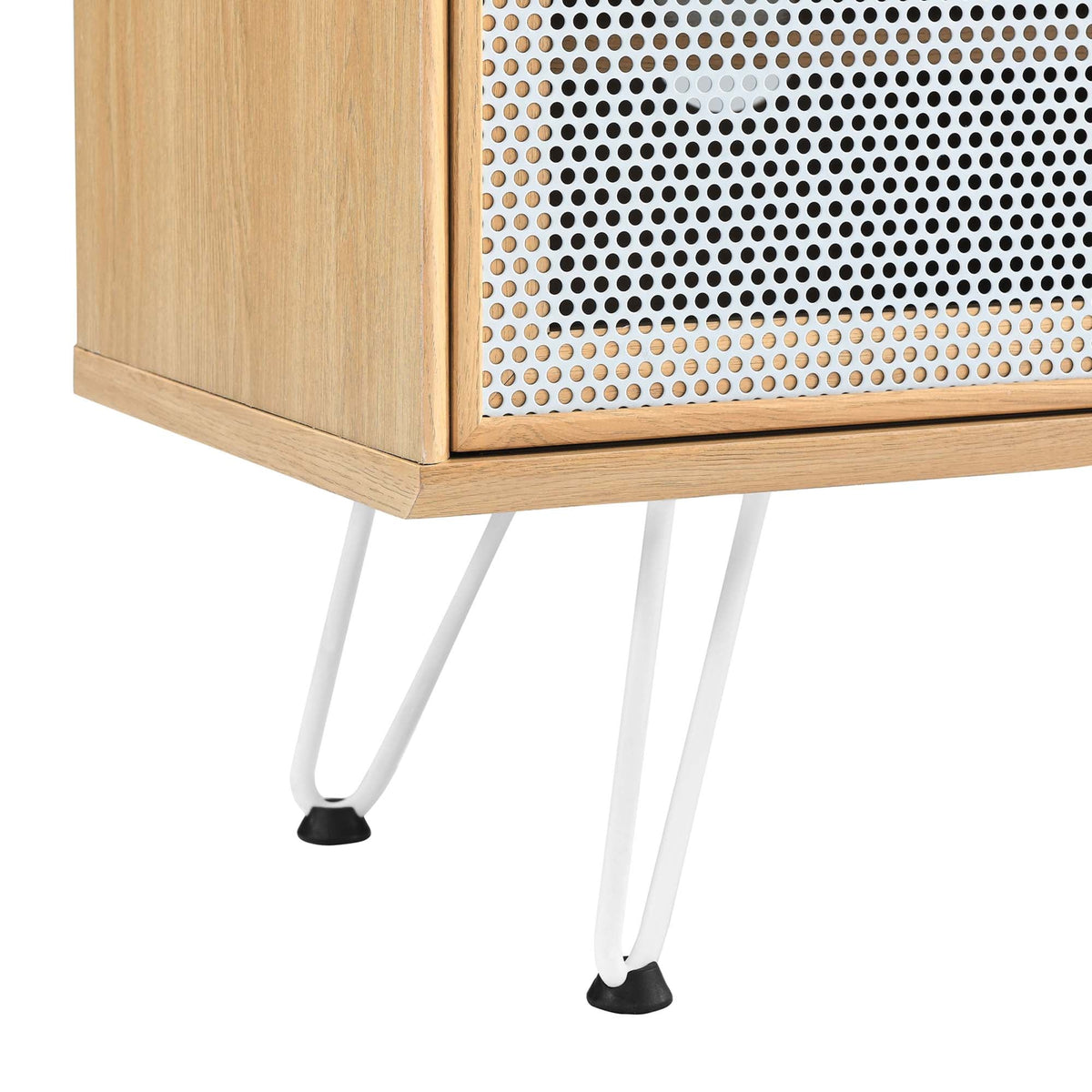 Nomad TV Stand by Modway: natural wood frame with perforated metal panel and white hairpin legs on Tampa Home & Garden Store