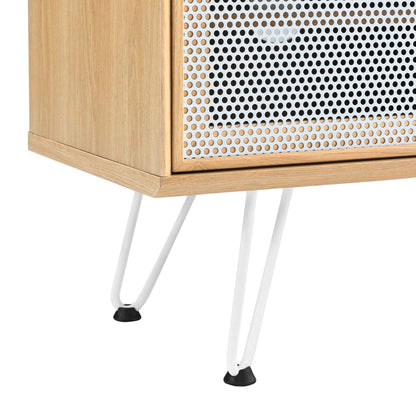 Nomad TV Stand by Modway: natural wood frame with perforated metal panel and white hairpin legs on Tampa Home & Garden Store