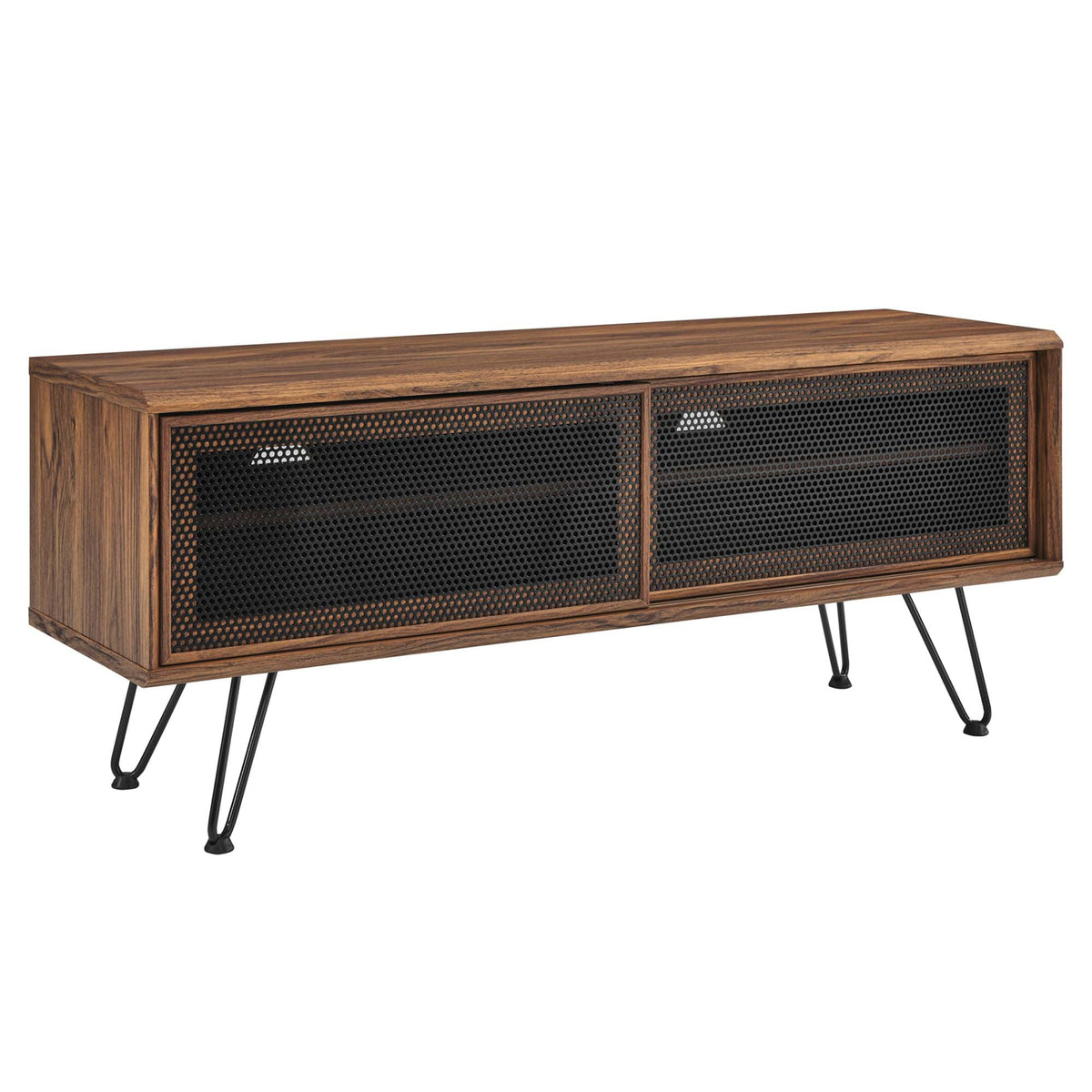 Nomad TV Stand by Modway in warm wood grain with black perforated mesh doors and slender hairpin legs on Tampa Home & Garden Store